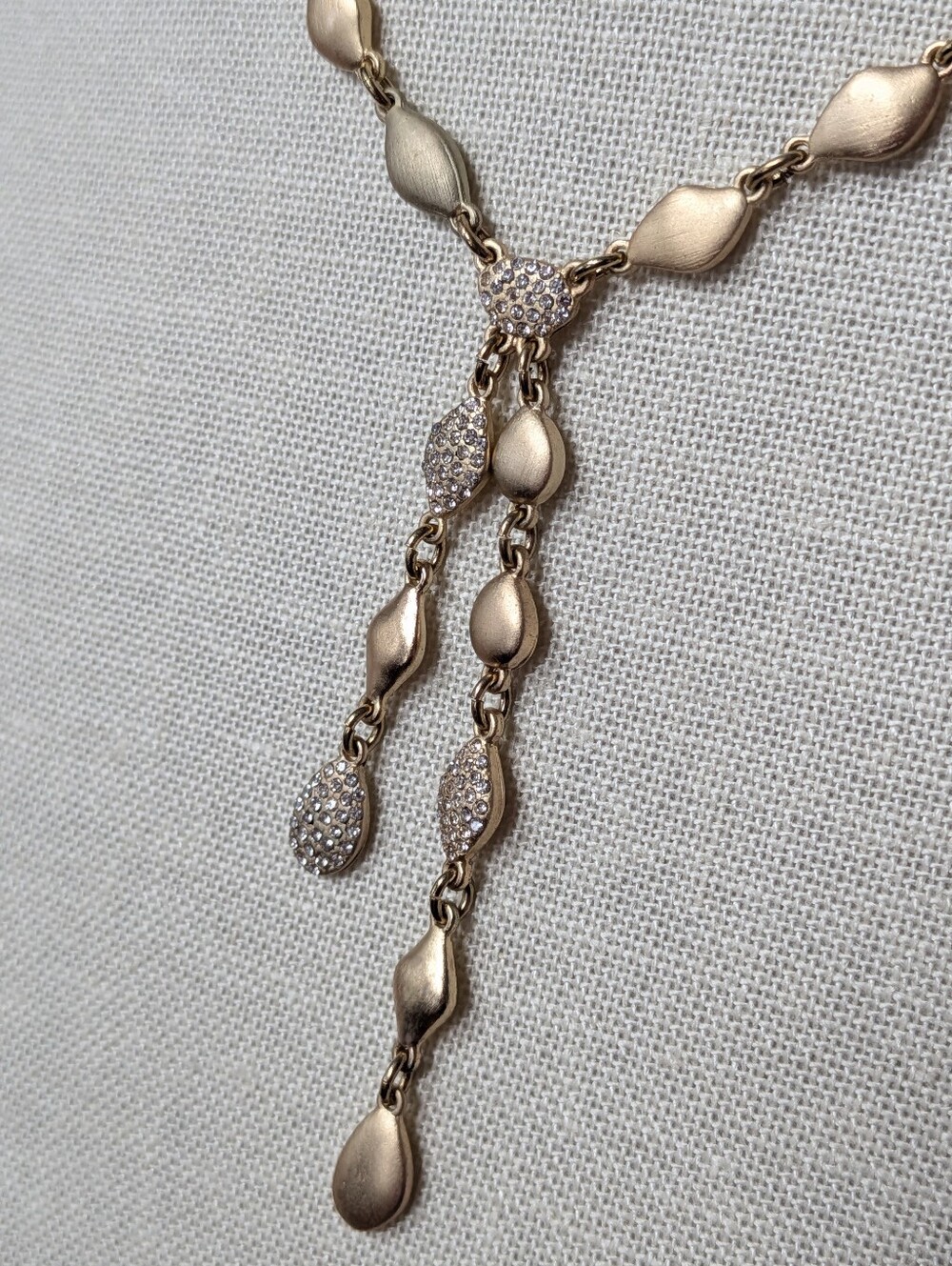 Chico’s Matte Gold-Tone Rhinestone Lariat Necklace – Adjustable 16–22"